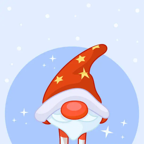 Vector illustration of Elf with a Christmas theme and a winter background. Merry Christmas card with text. Cute vector illustration.