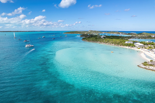 The drone aerial view of the beach of Stocking Island, Great Exuma, Bahamas.