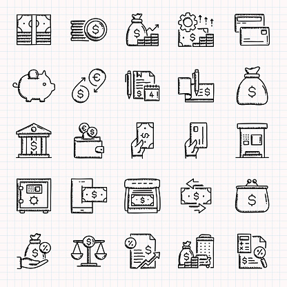 Money Related Hand Drawn Icons Set, Doodle Style Vector Illustration