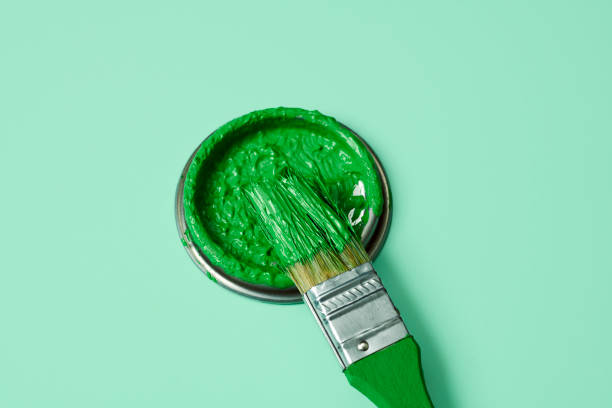 green paint in a paintbrush and lid of a paint can stock photo