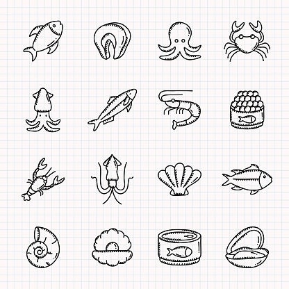 Sea Food Hand Drawn Icons Set, Doodle Style Vector Illustration