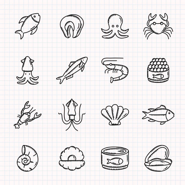 Sea Food Hand Drawn Icons Set, Doodle Style Vector Illustration Sea Food Hand Drawn Icons Set, Doodle Style Vector Illustration prawn animal stock illustrations