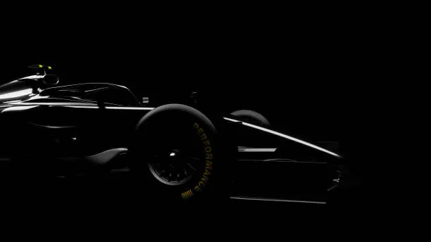 Generic black racecar (racing car) prototype, silhouette on black. Car of my own design, legal to use. Photorealistic render.