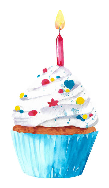 ciasto akwarelowe. ciasto w różowym opakowaniu z posypką - birthday birthday card cake cupcake stock illustrations