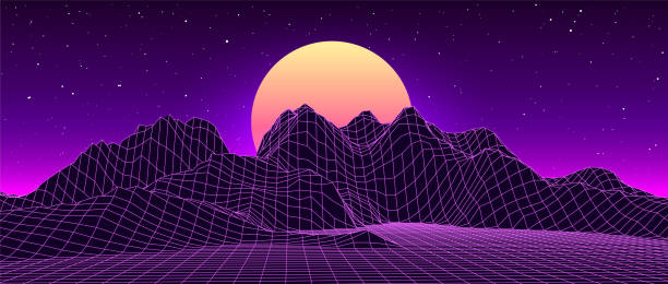 kuvapankkikuvitukset aiheesta retro fantastinen tausta 80-luvulta. vektorivuoren lankakehysmaisema yötaivaalla ja auringonlaskulla. futuristiset neonmaisemat. - african violet