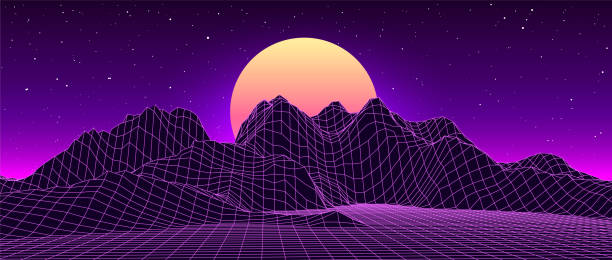 Retro fantastic background of the 80s. Vector mountain wireframe landscape with night sky and sunset . Futuristic neon scenery. Retro fantastic background of the 80s. Vector mountain wireframe landscape with night sky and sunset . Futuristic blue neon scenery. african violet stock illustrations