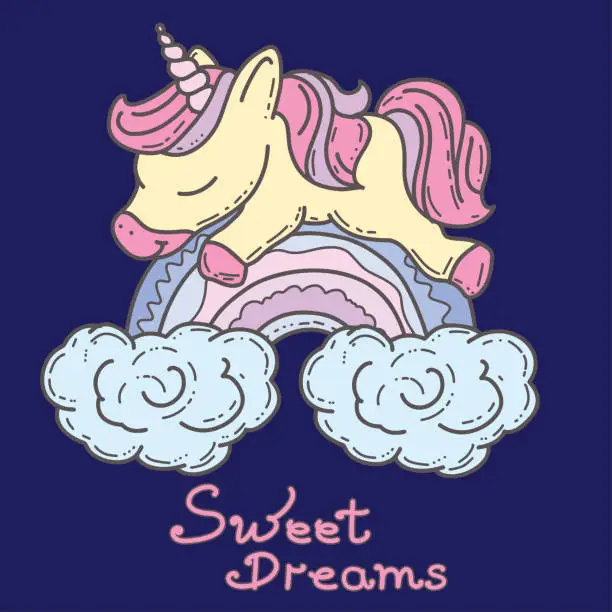 Vector illustration of Cute unicorn sleeps on a cloud hand drawn on the theme of sleep doodle