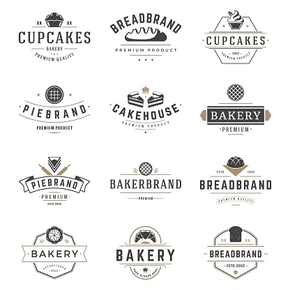 Bakery shop labels and badges design templates set vector, pastry food or bake house logos. Typography emblems graphics with silhouettes and symbols.