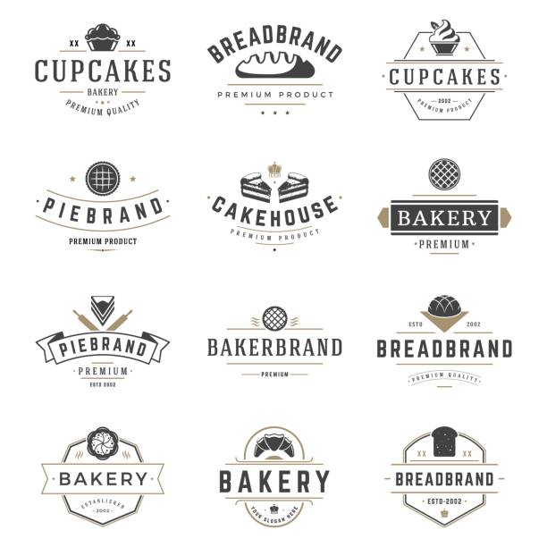 Bakery shop labels and badges design templates set vector, pastry food or bake house logos. Bakery shop labels and badges design templates set vector, pastry food or bake house logos. Typography emblems graphics with silhouettes and symbols. bread silhouettes stock illustrations