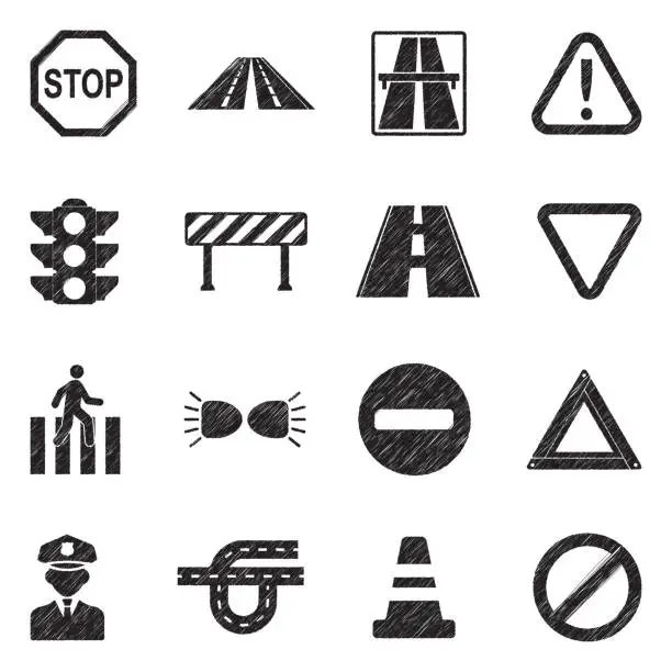Vector illustration of Traffic Rules Icons. Black Scribble Design. Vector Illustration.