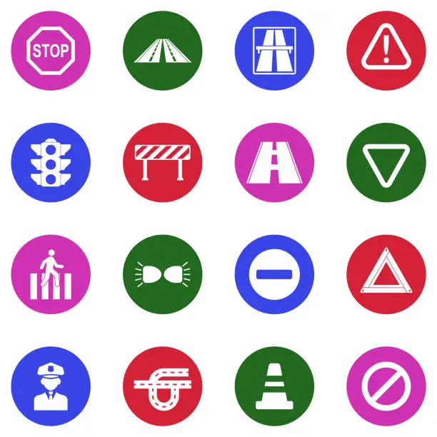Vector illustration of Traffic Rules Icons. White Flat Design In Circle. Vector Illustration.