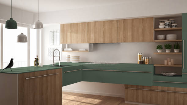 istock Modern minimalistic wooden kitchen with parquet floor, carpet and panoramic window, white and green architecture interior design 1387655252
