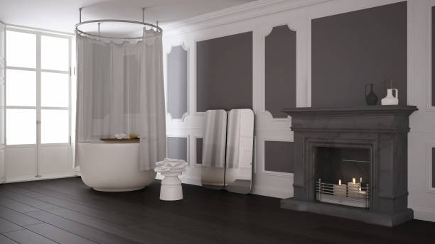 istock Vintage bathroom in classic space with old fireplace and parquet floor, modern interior design 1387655258