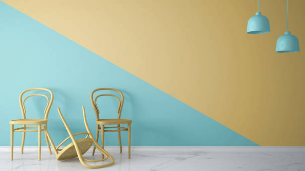 istock Minimalist architect designer concept with three classic colored chairs, one chair turned violet on blue and yellow background and marble floor, living room interior design with copy space 1387655262