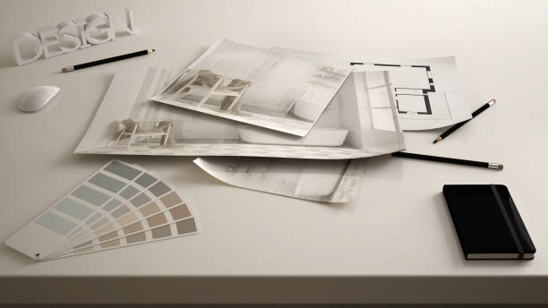 istock Architect designer concept, table close up with interior renovation draft, bathroom interior design blueprint drawings, sample color palette, white creative desk background 1387655269