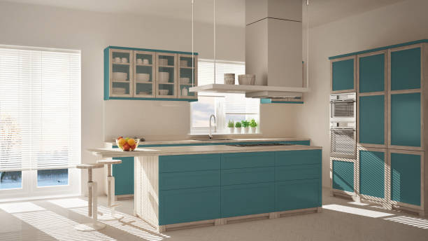 istock Modern wooden and turquoise kitchen with island, stools and windows, parquet herringbone floor, architecture minimalistic interior design 1387655290