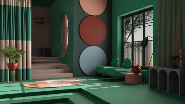 couleurs pastel et objet abstrait métaphysique pour salon plat dans un espace classique, escalier en béton, murs turquoise, fauteuils, plante en pot, tapis et lampes, design d’intérieur - dreams window bizarre surreal photos et images de collection