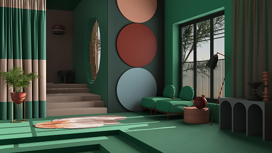 Pastel colors and metaphysical abstract object for flat living room in classic space, concrete staircase, turquoise walls, armchairs, potted plant, carpet and lamps, interior design