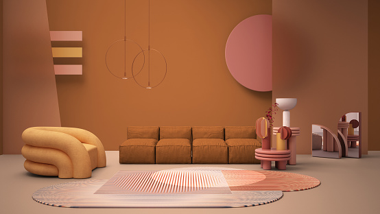 Sala de estar moderna de color naranja, colores pastel, sofá, sillón, alfombra, mesas de centro, paneles de vidrio esmerilado, lámparas colgantes de cobre. Ambiente de diseño de interiores, idea de arquitectura photo