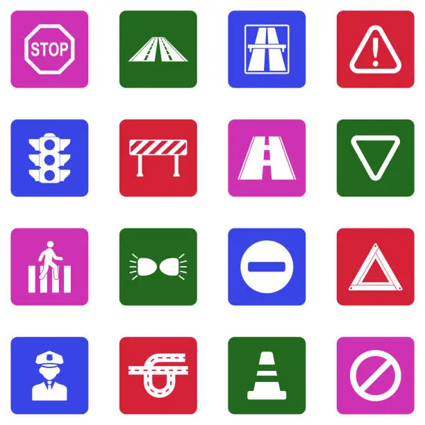 Vector illustration of Traffic Rules Icons. White Flat Design In Square. Vector Illustration.