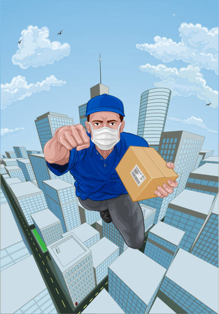 lieferung courier superheld fliegen superheld - superhero comic book cityscape flying stock-grafiken, -clipart, -cartoons und -symbole