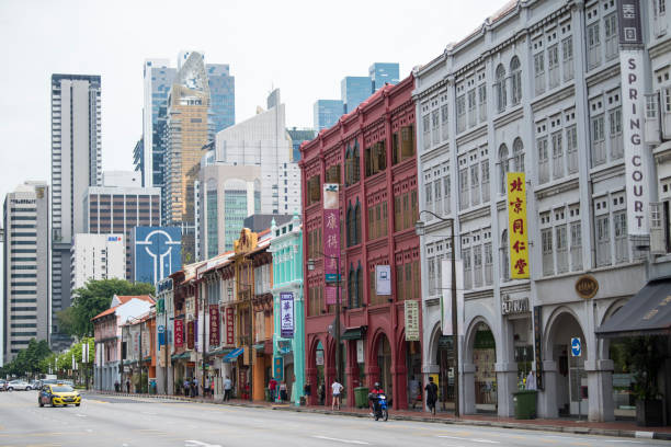 Singapore City,Singapore-September 08,2019: Singapore's Chinatown it's famous for its colourful heritage buildings, hiding old Chinese shophouses. The architecture hearkens back to a bygone era in Singapore's history.