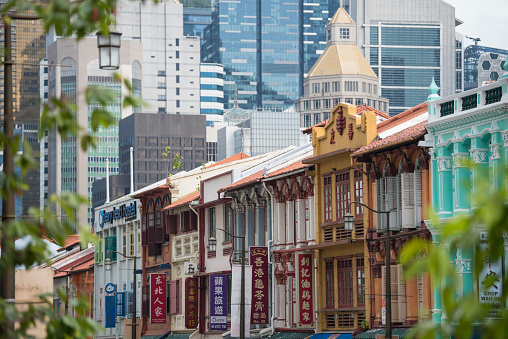 Singapore City,Singapore-September 08,2019: Singapore's Chinatown it's famous for its colourful heritage buildings, hiding old Chinese shophouses. The architecture hearkens back to a bygone era in Singapore's history.