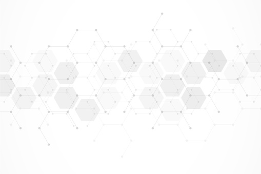 Hexagons pattern on gray background. Genetic research, molecular structure. Chemical engineering. Concept of innovation technology. Used for design healthcare, science and medicine background