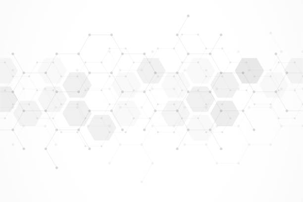 Hexagons pattern on gray background. Genetic research, molecular structure. Chemical engineering. Concept of innovation technology. Used for design healthcare, science and medicine background Hexagons pattern on gray background. Genetic research, molecular structure. Chemical engineering. Concept of innovation technology. Used for design healthcare, science and medicine background science research stock illustrations