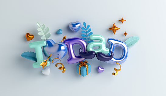 Happy Fathers Day decoration background with dad text balloon gift box, heart shape, leaves copy space text, 3D rendering illustration