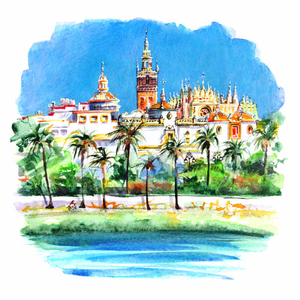 Giralda and Seville Cathedral, Spain Watercolor sketch of Bell Tower Giralda in landmark catholic Cathedral, Seville, Andalusia, Spain santa cruz seville stock illustrations