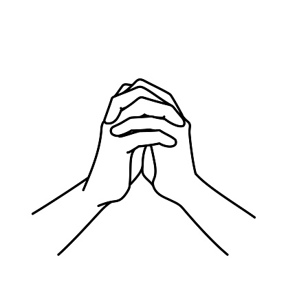 Clip art of hands praying with fingers crossed (line drawing)