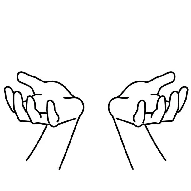 Vector illustration of Clip art of hand praying with palm upward (line drawing)