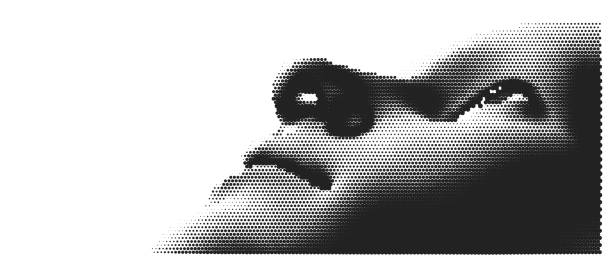 istock Illustration of an man's face created from small particle. Man looking up. Abstract digital human head. Minimalistic design for presentation, banner, flyer, poster, cover or brochure. 3d vector. 1387660657