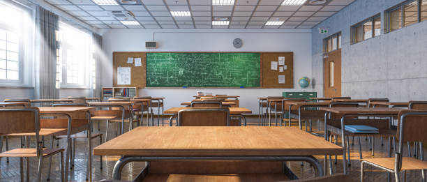 interno di un'aula scolastica in stile tradizionale. - school education desk nobody foto e immagini stock