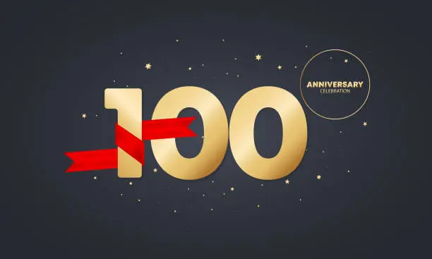 Vector illustration of 100 year anniversary banner with red ribbon on white. 100th years celebration. Poster or brochure template. Vector EPS 10. Isolated on background
