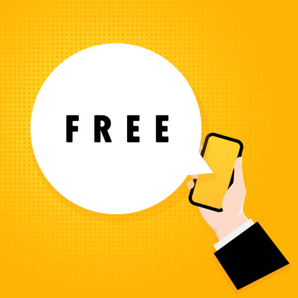 istock Free. Smartphone with a bubble text. Poster with text Free. Comic retro style. Phone app speech bubble. Vector EPS 10. Isolated on background 1387662522
