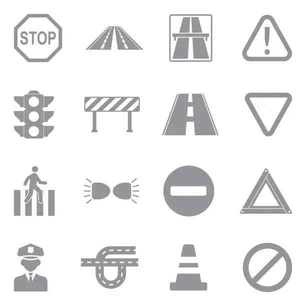 Vector illustration of Traffic Rules Icons. Gray Flat Design. Vector Illustration.