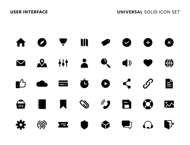 interfejs użytkownika universal solid icon set. ikony są odpowiednie dla strony internetowej, aplikacji mobilnej, interfejsu użytkownika, ux i projektowania gui. - solid stock illustrations