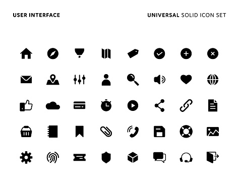 User Interface Concept Basic Solid Icon Set. Icons are Suitable for Web Page, Mobile App, UI, UX and GUI design.