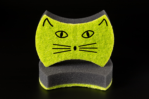 Two black sponges for household needs. Image of cat's muzzle on sponge. Concept of involving children in domestic work, surprise for mom or housekeeper, kindergarten or nursery cleaning, animal care