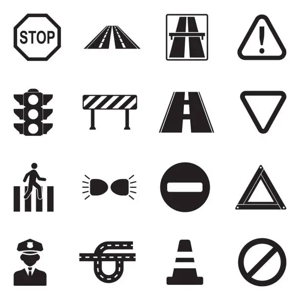 Vector illustration of Traffic Rules Icons. Black Flat Design. Vector Illustration.