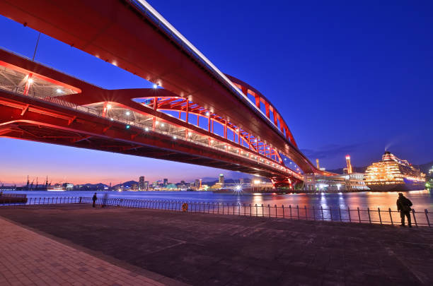 vista mágica de la puesta de sol de la hora desde kobe port island north park y kobe grand bridge - chuo ward fotografías e imágenes de stock