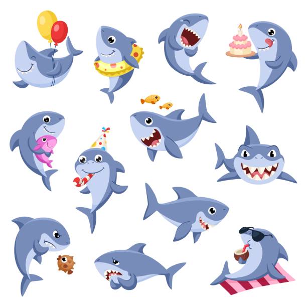 귀여운 상어 세트. 수중 상어, 해양 만화 동물. 바다 위험, 재미있는 물고기 생활. 아기, 케이크, 풍선이 있는 야생 바다 캐릭터화려한 벡터 클립아트 - 상어 판새류 stock illustrations