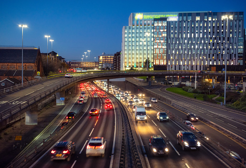 The M8 at Anderston, approaching Charing Cross in Glasgow, busy with evening commuters.