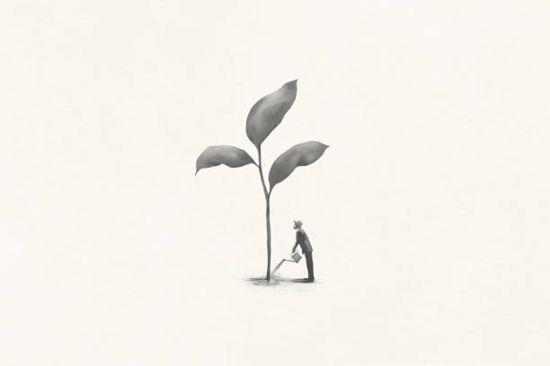 istock Illustration of business man growing big plant, surreal abstract concept 1387670828