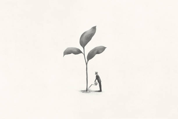 Illustration of business man growing big plant, surreal abstract concept vector art illustration