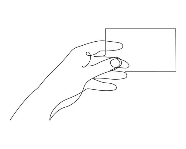 рука держит кредитную карту, одну линию искусства, нарисованный от руки непрерывный контур. украшение для бизнеса. минималистский дизайн. - декоративное искусство stock illustrations