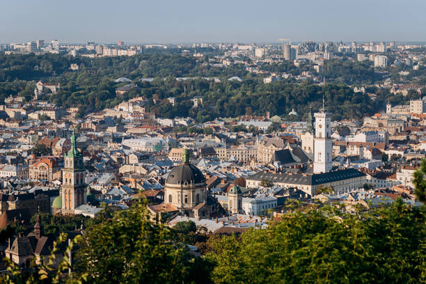 istock Panoramic view over the colorful roofs in Lviv from high Castle 1387674780