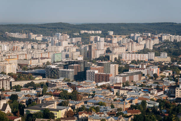 istock Panoramic view over the colorful roofs in Lviv from high Castle 1387674813